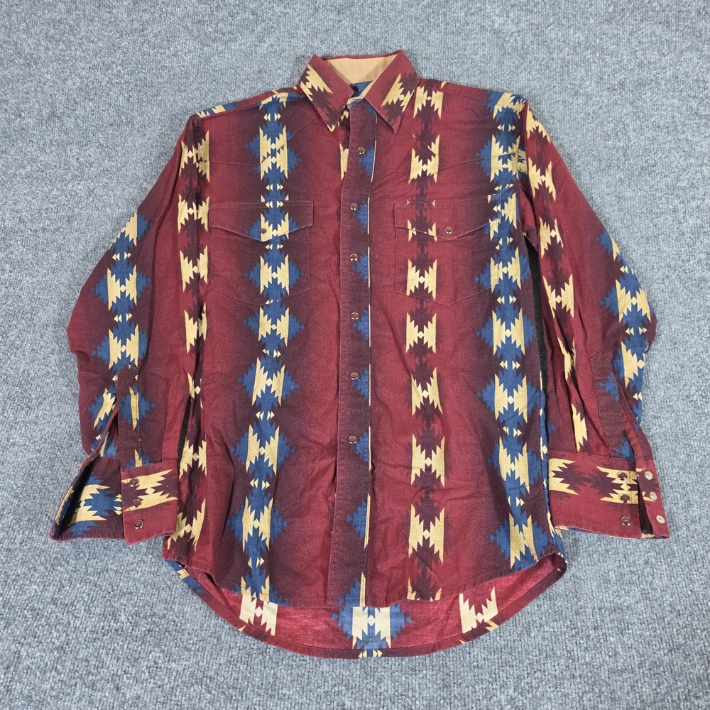 Wrangler Mens Small Burgundy Southwestern Aztec Pearl Snap Western Shirt